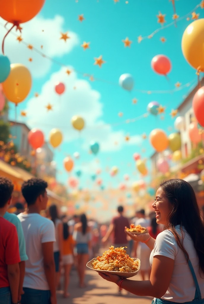 This picture shows a dirty Thai girl holding colorful balloons. The balloons are pink, blue, yellow, green and orange. The girl is standing on the street at night, in what appears to be a temple fair, with lights and decorations in the background.