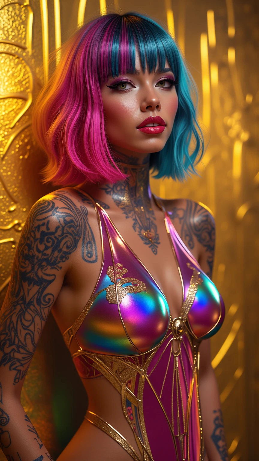 One girl、((tattoos)), Excellent anatomy, masterpiece, Highest quality,Realistic, hyperRealistic, 16k hdr,NSFW, freckles、Slender、Slender body、((seductive)), ((heavy blushing)), shy, tease, 8ｋ, Highest quality, masterpiece, Sharp focus, ((shiny skin)), ((naughty girl)), solid gold metallic background, asian high school girl, rainbow hair, bangs, with colorful eyes and huge eyelashes, Lewd, horny, huge breasts, edgy graphic design with a multi neon colored palette, (sexy pose), seducing camera, big black eyes, ulzzang, portrait, (anime), manga, sexy, irridescent rainbow Latex, 8ｋ,Highest quality,masterpiece, Sharp focus, solid black background, soft lighting, 
