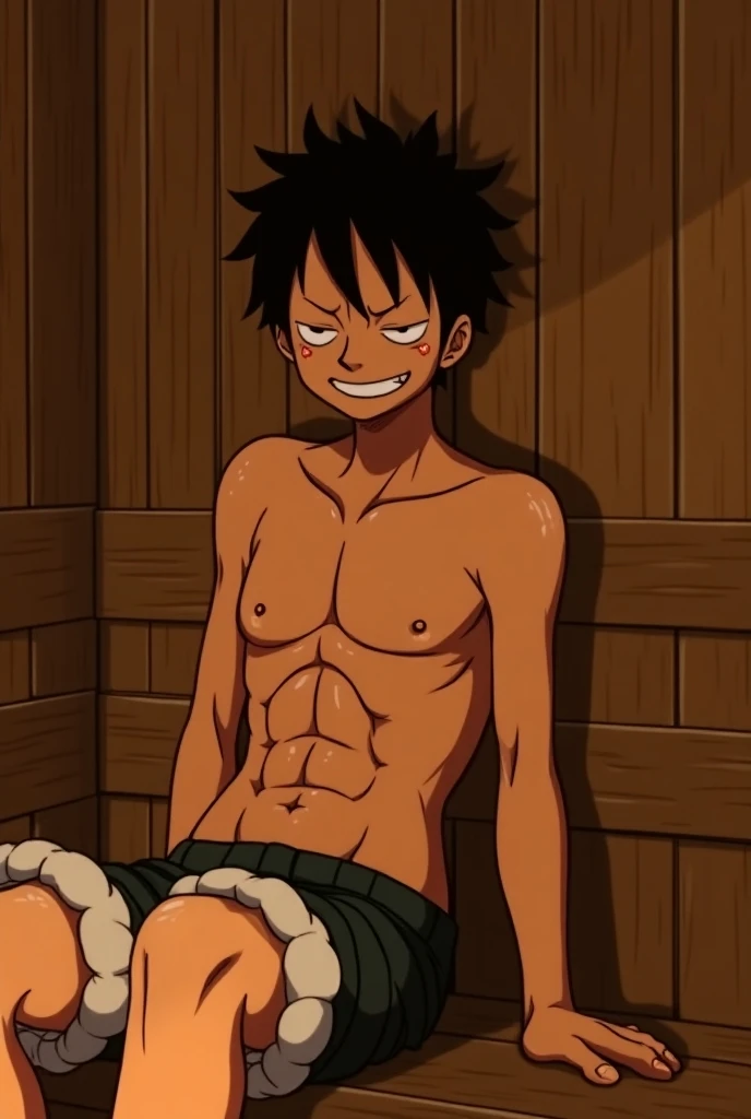 monkey d luffy with scar under his eye and x scar on his big chest on a bed without clothes with his penis hard and dripping white semen