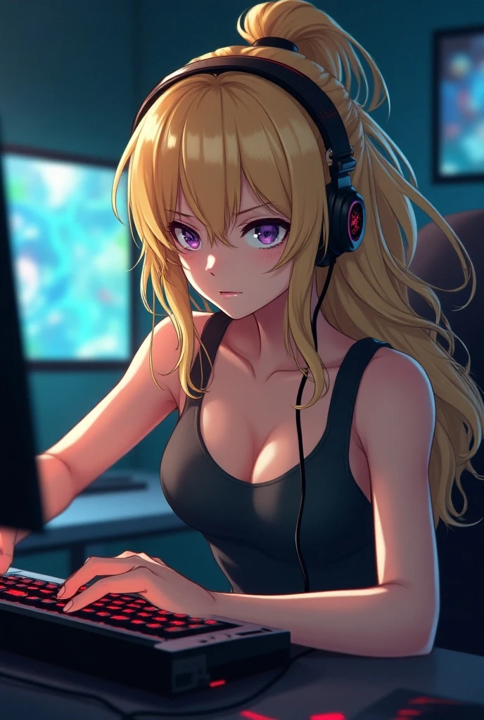 busty anime babe, ginger, computer gaming, gamer