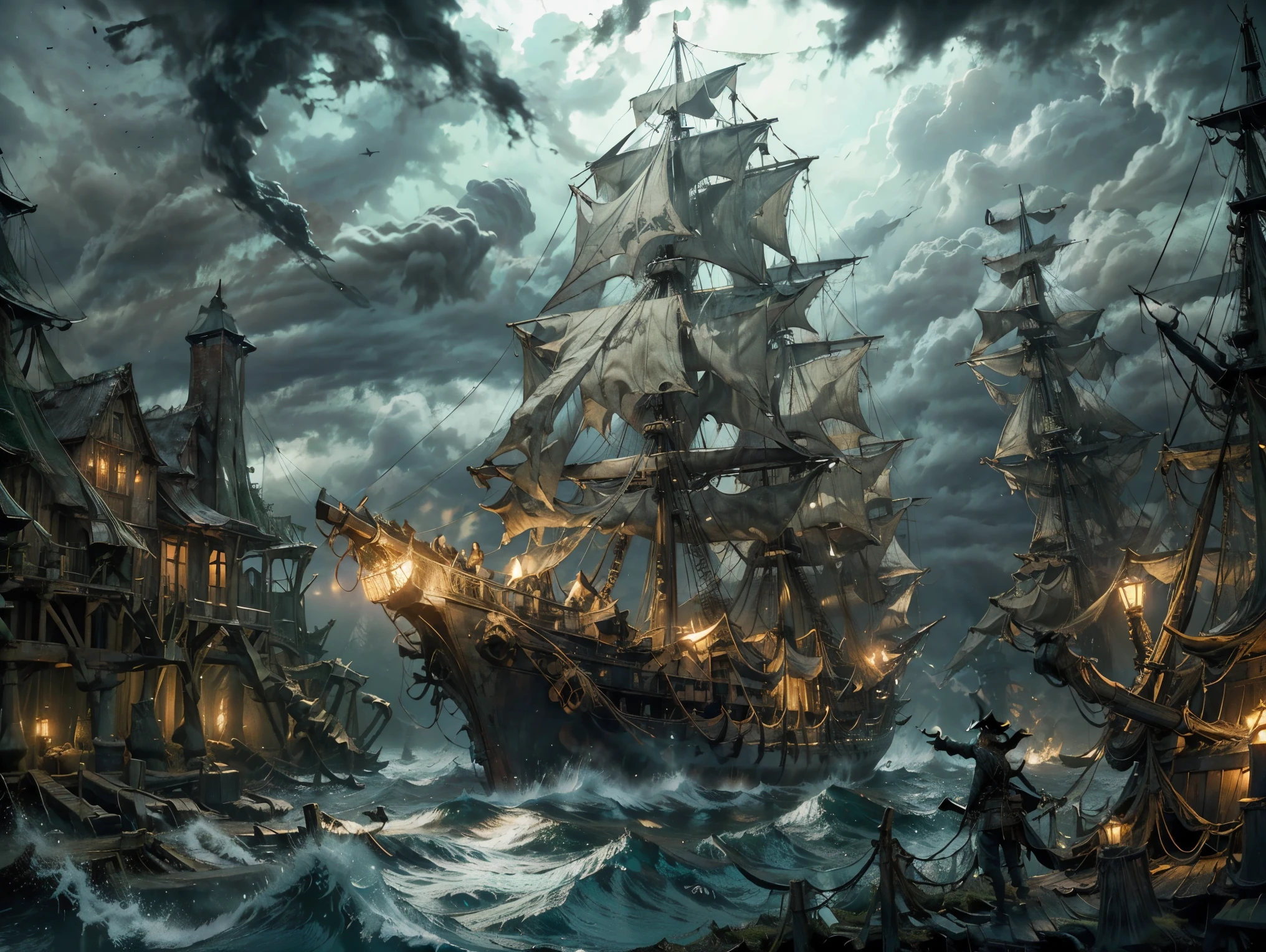 A ghostly pirate ship sailing through dense fog on a dark, stormy sea. The tattered sails glow faintly, and eerie green lights flicker from within the ship. Ghostly figures can be seen on deck as lightning strikes in the distance.