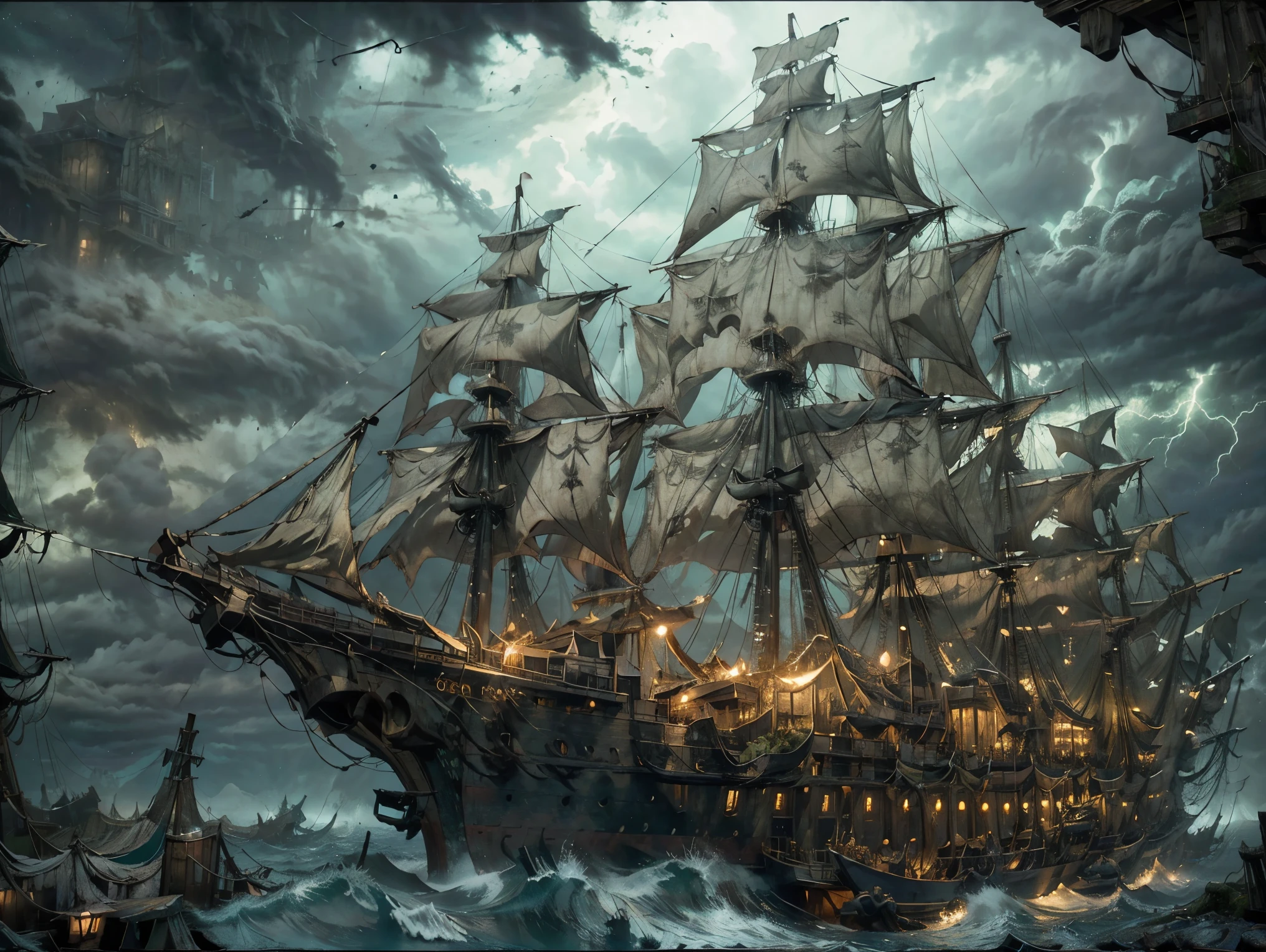 A ghostly pirate ship sailing through dense fog on a dark, stormy sea. The tattered sails glow faintly, and eerie green lights flicker from within the ship. Ghostly figures can be seen on deck as lightning strikes in the distance.