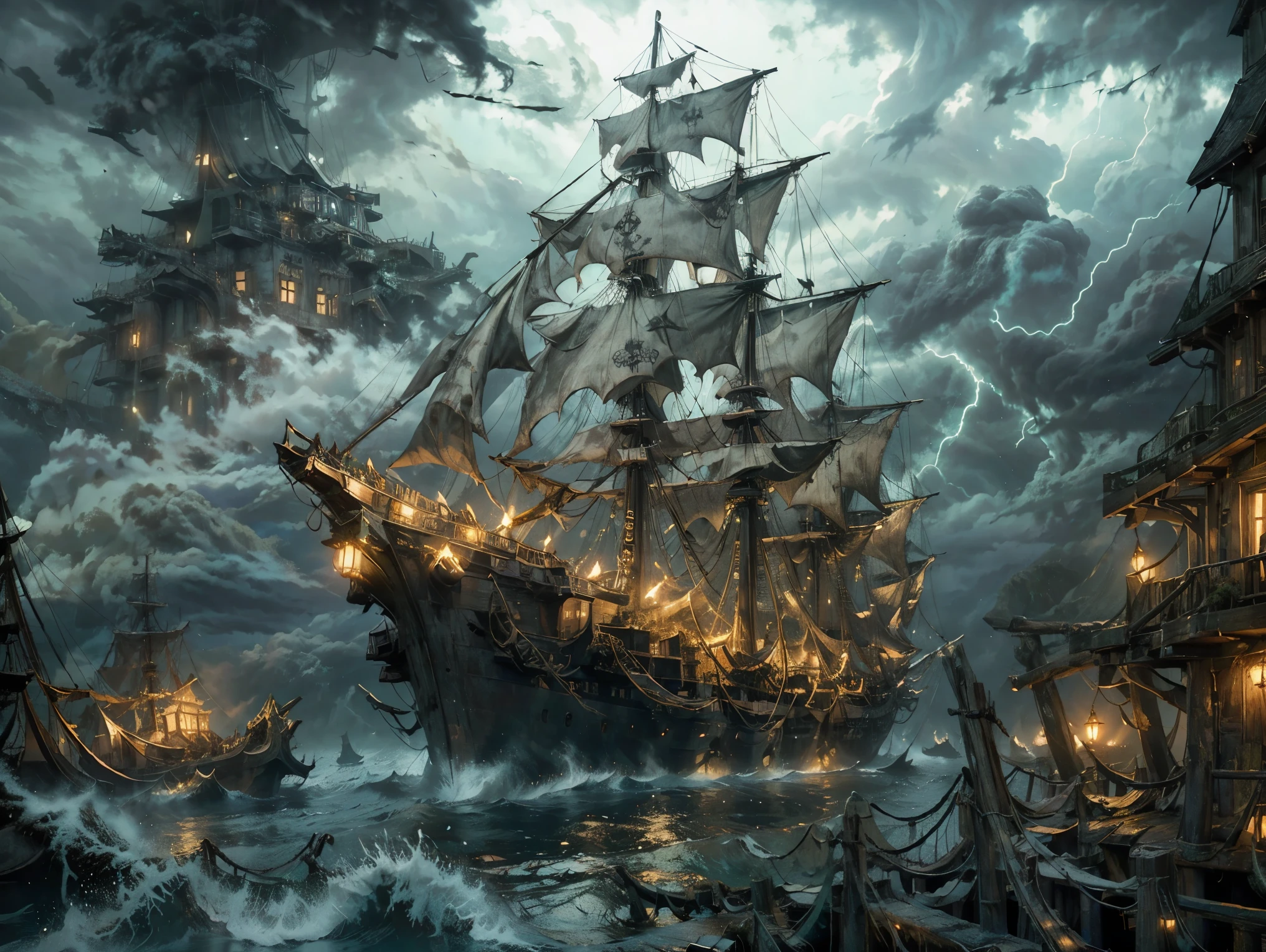 A ghostly pirate ship sailing through dense fog on a dark, stormy sea. The tattered sails glow faintly, and eerie green lights flicker from within the ship. Ghostly figures can be seen on deck as lightning strikes in the distance.