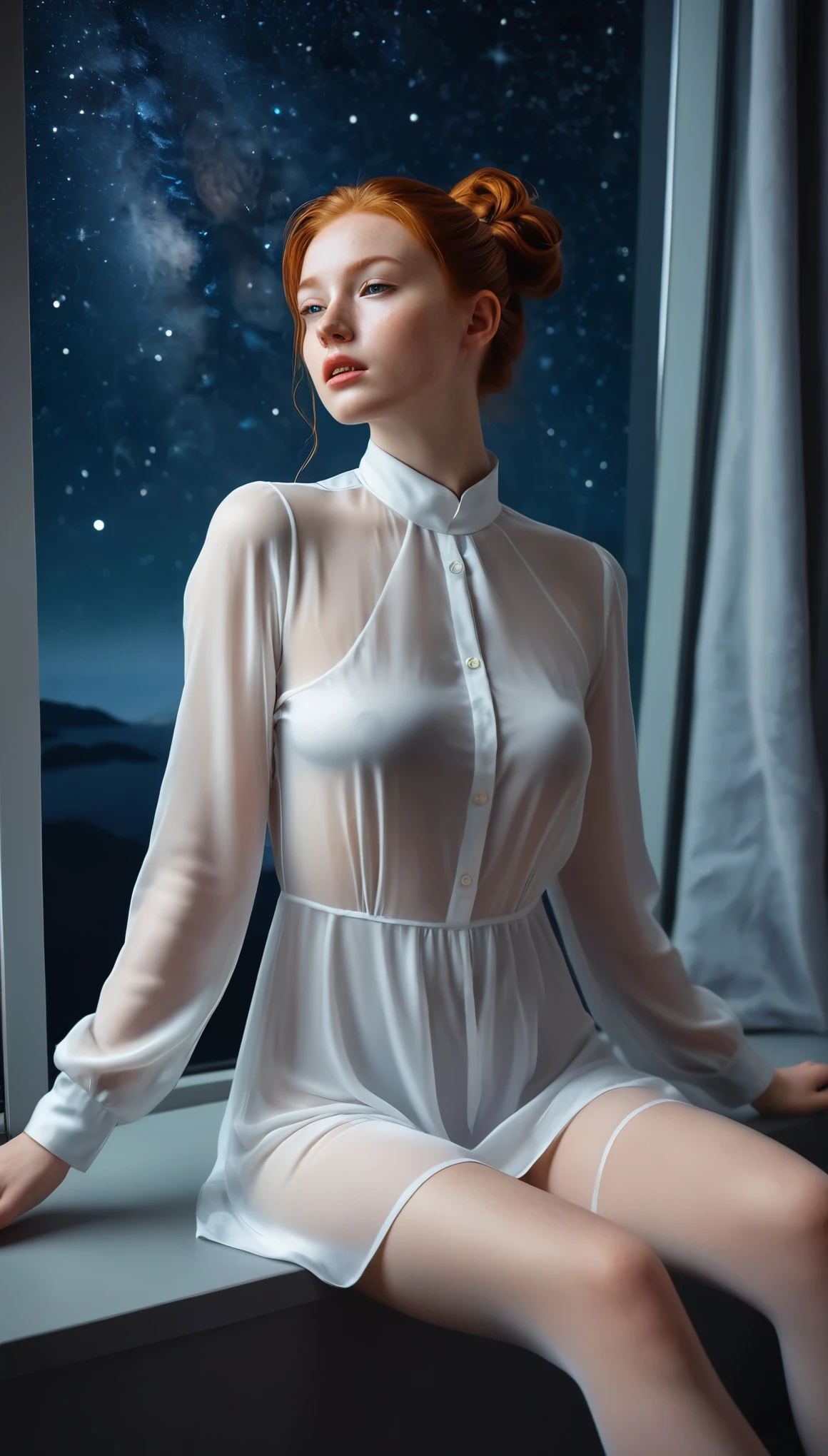 View from the floor, ginger redhead schoolgirl with freckles, wearing a white translucent silk one piece nighty, unbuttoned transparent blouse, messy high bun, glossy lips, legs in the lotus position, white thigh high stockings, glistening oily skin, looks out the starry night window, https://www.seaart.ai/models/detail/5a2262a5918f4de298e3a5f9309d7f11
