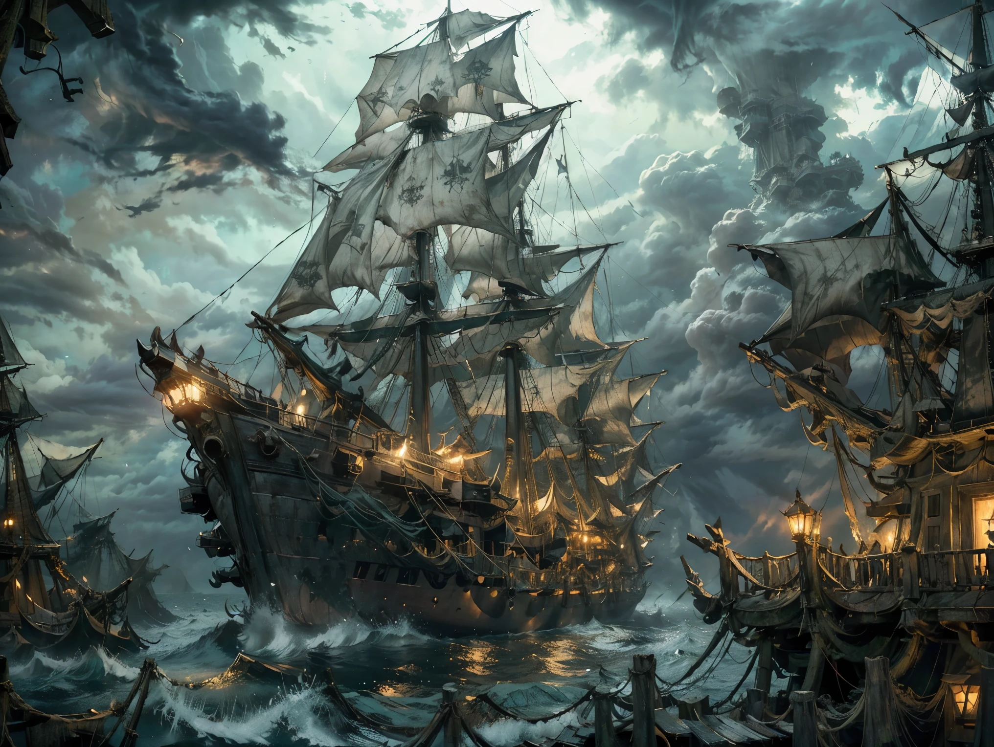 A ghostly pirate ship sailing through dense fog on a dark, stormy sea. The tattered sails glow faintly, and eerie green lights flicker from within the ship. Ghostly figures can be seen on deck as lightning strikes in the distance.