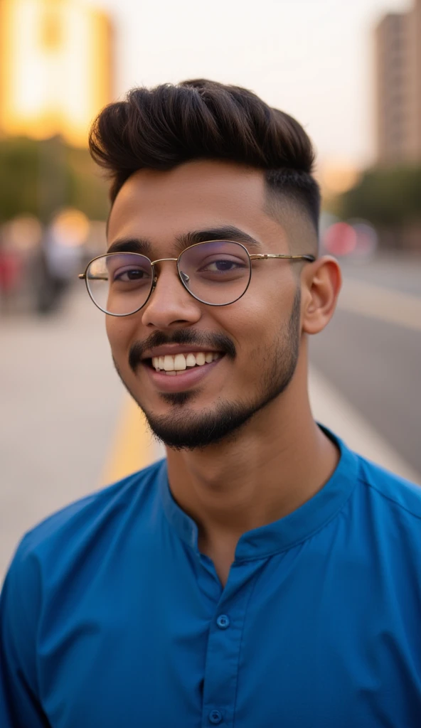 Full body short of a 23-year-old Indian man with a confident smile and a stylish, voluminous haircut featuring a fade on the sides. The top is styled upwards for a sharp, modern look. He wears rounded, clear-framed glasses and a Blue kurta. The man has a round face shape and a neatly trimmed beard along the jawline. The background features a vibrant urban setting illuminated by soft, golden-hour sunlight, capturing the essence of contemporary city life.