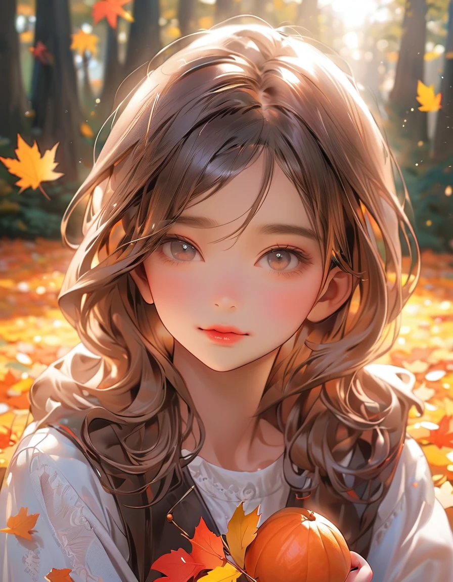 RAW Photos:1.2, masterpiece, Best Quality, 16k, beautiful girl、 very detailed, Perfect cuteness、( cute girl 、 very cute、)、Autumn Walk。Realistic、 super real