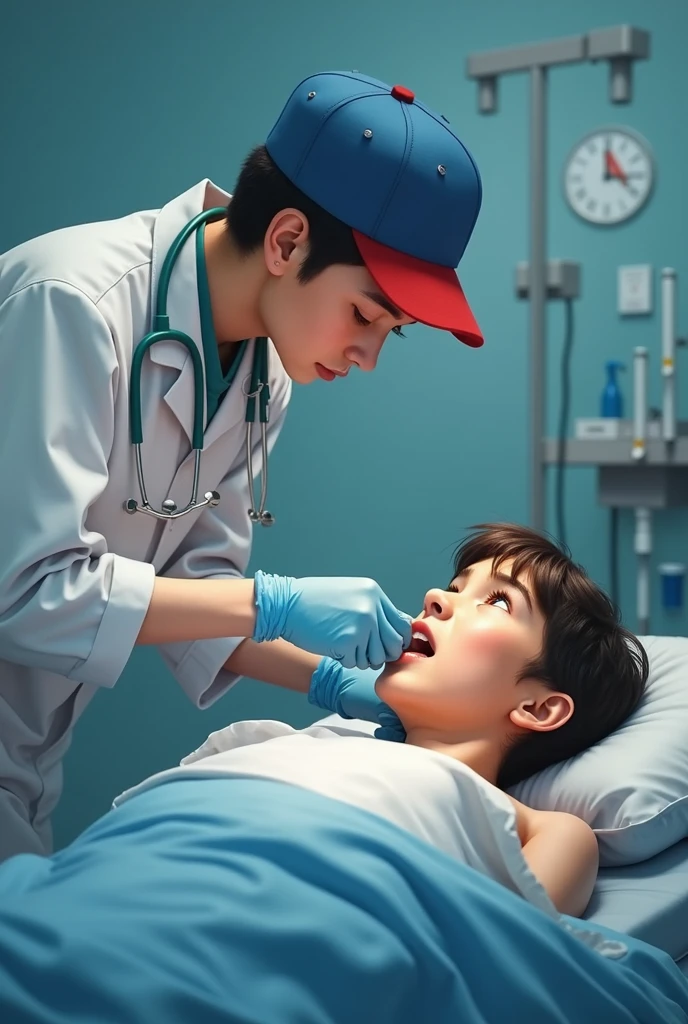 young man lying on a stretcher, receiving therapy . young man dressed in a school uniform. therapist holding a blunt forceps