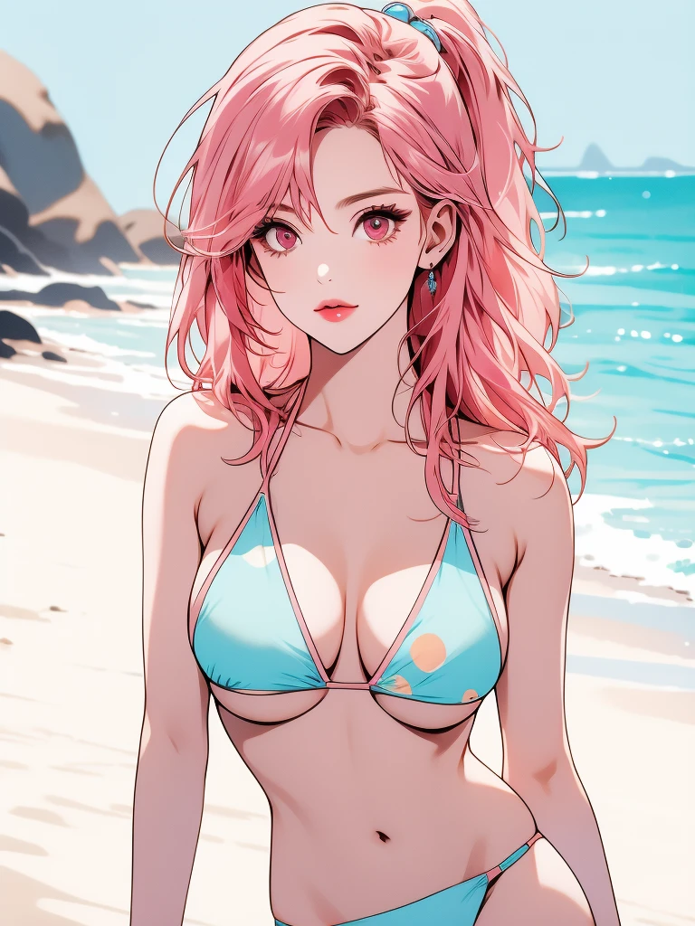 Masterpiece, bestquality, girl sexy body, looking at viewer, large breast, pink hair, light red eyes, (( wearing a sky blue color bikini)), on a beautiful beach, 