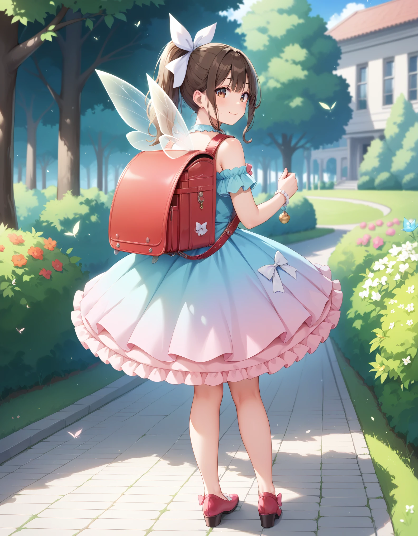 Masterpiece, hd, 1girl, cute girl,  brown hair, smile, ponytail, hair ribbon, wearing cute dress, frilled dress,party dress, costume, colorful dress, bare shoulder, bowtie, standing, outdoor, park, happy, smile, wearing randoseru backpack, red backpack, fullbody, fairy dress, fairy land, have wings, girl with wings, back view, back body, from behind