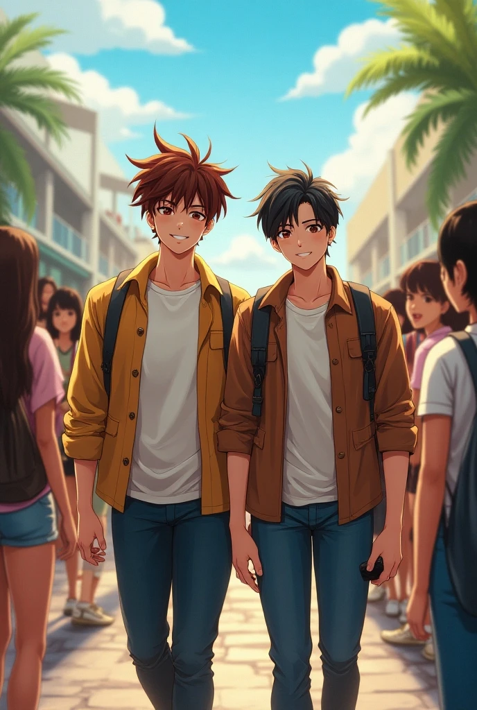 Dark boy, tall and very muscular , Mixed coffee hair , black and red, honey colored eyes. Expression of a lot of happiness and his friend with pale white skin . Muy tall and very muscular , black eyes,  short hair and color black . The two boys arrive at school and all the girls fall in love with the 2 friends