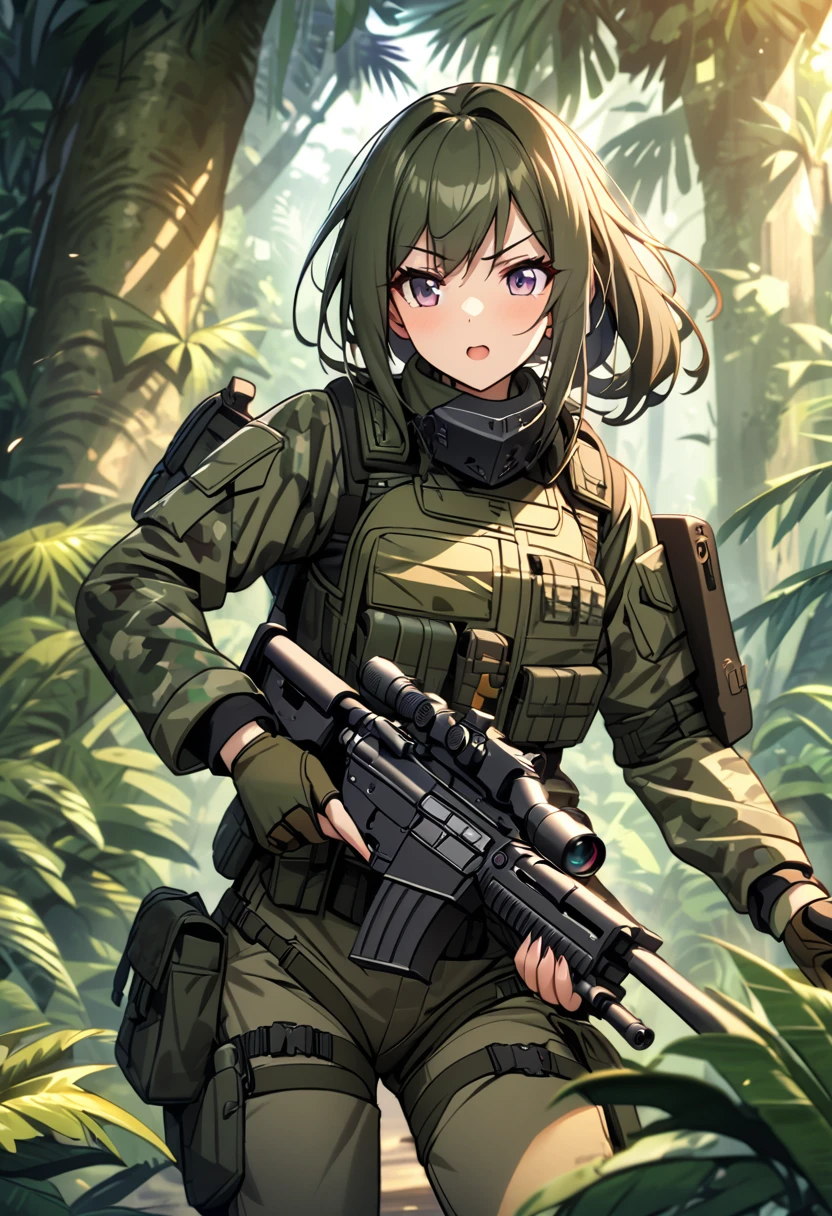 (Art with precise details:1.5), (one female commando :1.5), beautiful and well-defined face:1.5,( camouflage combat suit :1.4),(protector:1.6), in battle :1.6,(jungle:1.6)