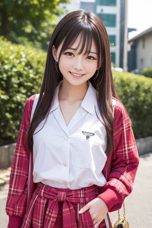 expensive resolution, RAW Photos, Realistic, Very delicate and beautiful, Very detailed, In detail, Very detailed CG unity 8k wallpaper, Very detailedな, (expensiveest quality, 8k, 32K, masterpiece, 超expensive resolution:1.2), cute japanese model pictures, ＪＫ , expensive ,(White Sailor Suit 1),Tartan Check Skirt, Tartan check tie, Beautiful Face, Downward,Long one-length long hair, Walking on the station platform, Surreal, １６Year,Young and cute gravure idol,Duck face,teeth, pork, Thighs,View your viewers,150cm,nice smile、