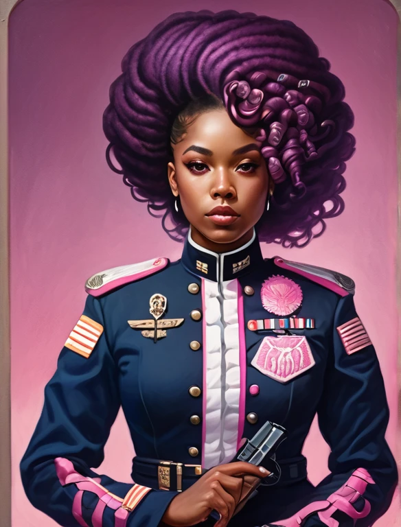 African American woman with locks  in black pink and Dark blue military uniform with white Armored  troops holding glocks with a water  Transmitation seal hair pin  pinning her hair , astral form Ability magnifying weight Hyusina Beneme, TRINITY ProjectHyusina Beneme, TRINITY