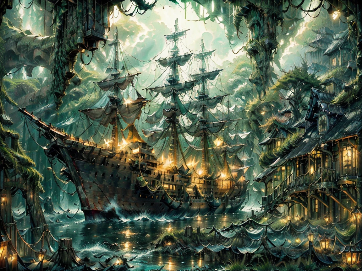 A ghostly pirate ship sailing through dense fog on a dark, stormy sea. The tattered sails glow faintly, and eerie green lights flicker from within the ship. Ghostly figures can be seen on deck as lightning strikes in the distance.