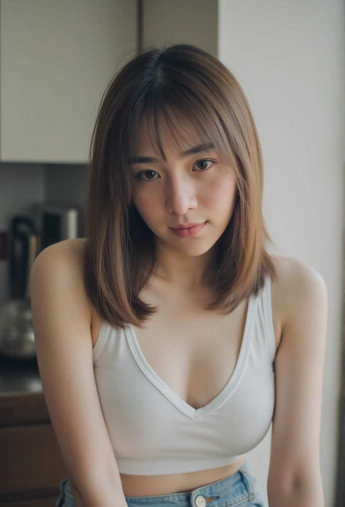 Soft, photography, portrait, film,Close-up, Thai girl in single tank top,Sitting on the edge of the kitchen counter 