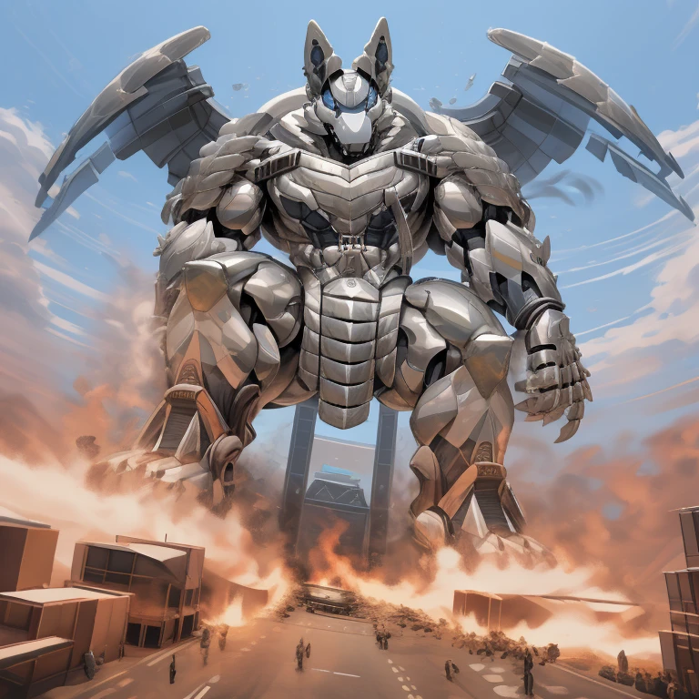 (masterpiece. official art. 8k. best quality. detailed full body. full body.)
(situation 1 : dominating mega lucario. focus GIANT mechanical Muscular mega lucario is trampling the CITY. macro. stomp. Low-angle perspective. emphasizing the immense size. The perspective is from below, emphasizing the sheer majesty and power of the Giant. giant art. He is much bigger than a skyscraper. Giga Giants. micro socceeld. looking down.)

(situation 2 :smoke and flames rising from the destruction in the city)

(Additional details 1: wearing a full-face helmet. helmet is jet black. The color of NANOSUIT is jet black. high-tech bio-mecha armor. real texture material. whole body shines like metal. Wearing cyberpunk mecha. emphasizes the muscles. suit fully made of metal. intricate armor. Robotic suit. suit fully made of metal. no face.). (mega lucario has 5 toes.) Wearing a Full Face Toxic Gas Mask. no blue.
An arrogant expression.
smile at the corner of your mouth.

(Additional details 2: (Detailed head. Detailed Body. Detailed abs. gigantic muscles. HYPER MUSCLES. Gigachad Muscular. big muscle. pecs. triceps. traps. unusually developed muscular body. body full of huge muscles. showing off muscles. pectorales enormes. Exaggeratedly huge muscles. huge muscles. long legs.).

(Additional details 3: nj5furry, Spread wings. It has wings. black have big wings. The claws are sharp. Sharp teeth.5 toes.).  Wearing a Full Face Toxic Gas Mask. 