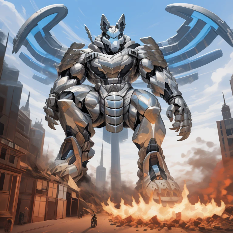 (masterpiece. official art. 8k. best quality. detailed full body. full body.)
(situation 1 : dominating mega lucario. focus GIANT mechanical Muscular mega lucario is trampling the CITY. macro. stomp. Low-angle perspective. emphasizing the immense size. The perspective is from below, emphasizing the sheer majesty and power of the Giant. giant art. He is much bigger than a skyscraper. Giga Giants. micro socceeld. looking down.)

(situation 2 :smoke and flames rising from the destruction in the city)

(Additional details 1: wearing a full-face helmet. helmet is jet black. The color of NANOSUIT is jet black. high-tech bio-mecha armor. real texture material. whole body shines like metal. Wearing cyberpunk mecha. emphasizes the muscles. suit fully made of metal. intricate armor. Robotic suit. suit fully made of metal. no face.). (mega lucario has 5 toes.) Wearing a Full Face Toxic Gas Mask. no blue.
An arrogant expression.
smile at the corner of your mouth.

(Additional details 2: (Detailed head. Detailed Body. Detailed abs. gigantic muscles. HYPER MUSCLES. Gigachad Muscular. big muscle. pecs. triceps. traps. unusually developed muscular body. body full of huge muscles. showing off muscles. pectorales enormes. Exaggeratedly huge muscles. huge muscles. long legs.).

(Additional details 3: nj5furry, Spread wings. It has wings. black have big wings. The claws are sharp. Sharp teeth.5 toes.).  Wearing a Full Face Toxic Gas Mask. 