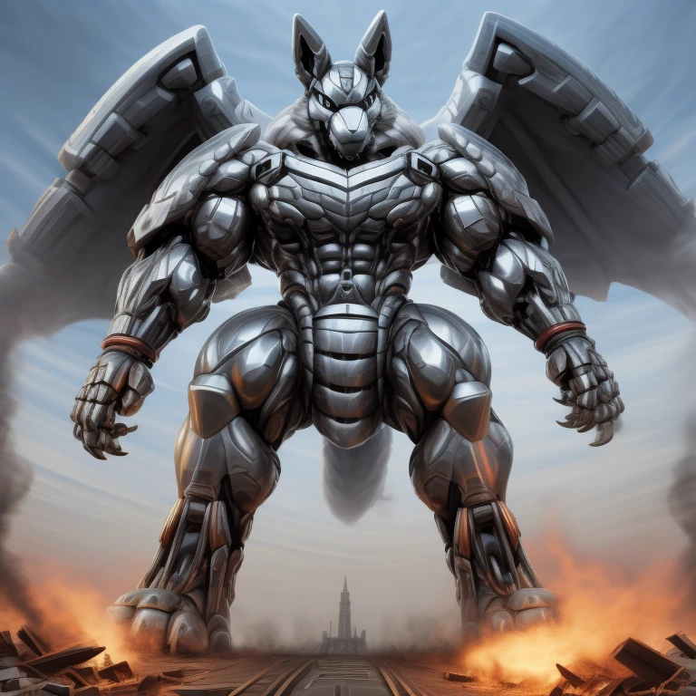 (masterpiece. official art. 8k. best quality. detailed full body. full body.)
(situation 1 : dominating mega lucario. focus GIANT mechanical Muscular mega lucario is trampling the CITY. macro. stomp. Low-angle perspective. emphasizing the immense size. The perspective is from below, emphasizing the sheer majesty and power of the Giant. giant art. He is much bigger than a skyscraper. Giga Giants. micro socceeld. looking down.)

(situation 2 :smoke and flames rising from the destruction in the city)

(Additional details 1: wearing a full-face helmet. helmet is jet black. The color of NANOSUIT is jet black. high-tech bio-mecha armor. real texture material. whole body shines like metal. Wearing cyberpunk mecha. emphasizes the muscles. suit fully made of metal. intricate armor. Robotic suit. suit fully made of metal. no face.). (mega lucario has 5 toes.) Wearing a Full Face Toxic Gas Mask. no blue.
An arrogant expression.
smile at the corner of your mouth.

(Additional details 2: (Detailed head. Detailed Body. Detailed abs. gigantic muscles. HYPER MUSCLES. Gigachad Muscular. big muscle. pecs. triceps. traps. unusually developed muscular body. body full of huge muscles. showing off muscles. pectorales enormes. Exaggeratedly huge muscles. huge muscles. long legs.).

(Additional details 3: nj5furry, Spread wings. It has wings. black have big wings. The claws are sharp. Sharp teeth.5 toes.).  Wearing a Full Face Toxic Gas Mask. 