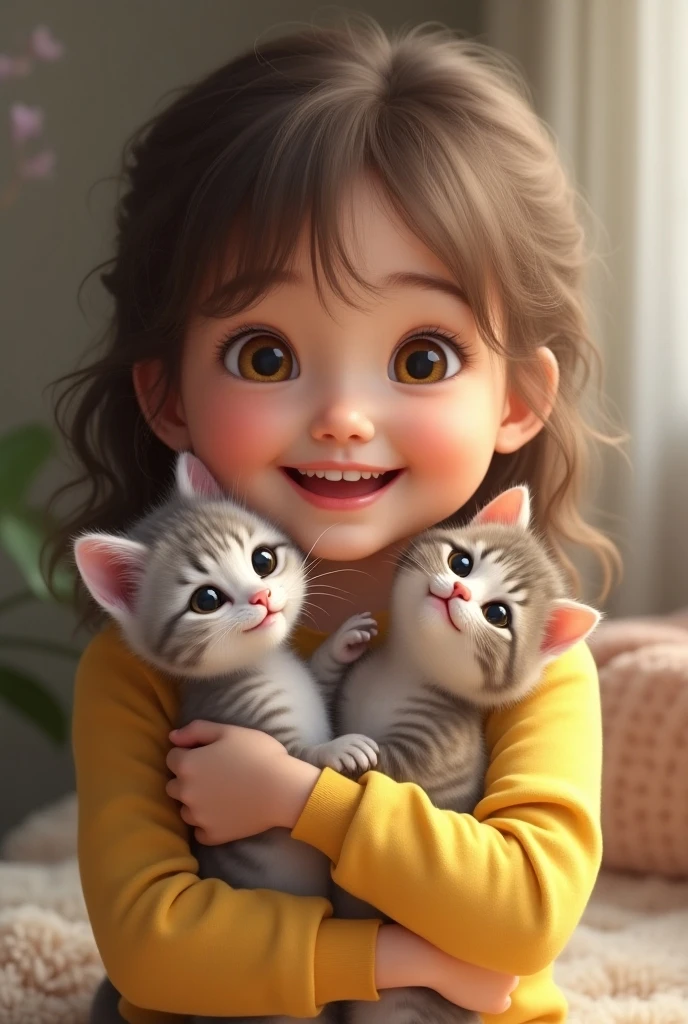 Artificial intelligence photo of a smiling girl holding a smiling kitten 