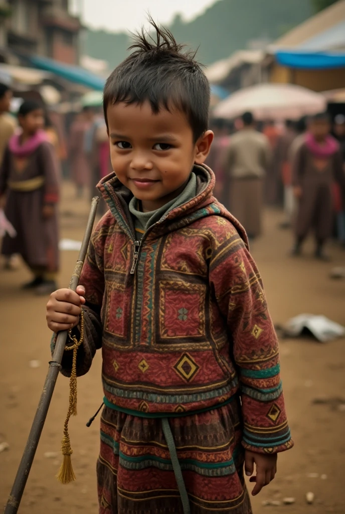 nepali newari dress ,dhaka topi wears boy in side loos to take a momo with like pose

