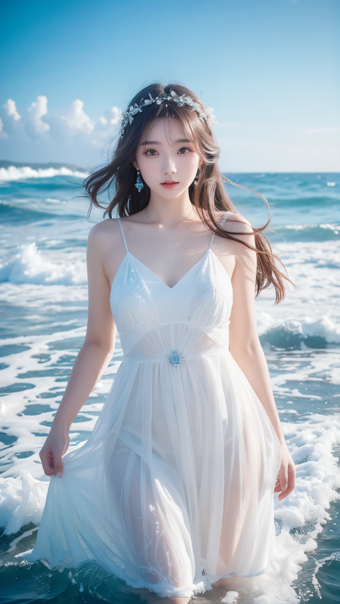 a woman, aprhodite goddess, dress made by the ocean waves, in the middle of the ocean, in white, white long hair, beautiful, high detailed, 8k.