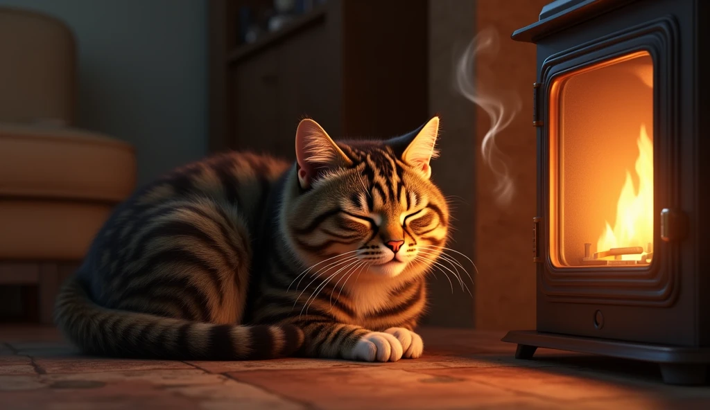 a male tabby cat huddled by the stove, puffed up fur trying to keep warm, squinting eyes, nose bubble, sleeping, smoke coming from overheated rear, cozy fireplace, detailed feline features, photorealistic, 8k, highly detailed, best quality, intricate fur textures, realistic lighting, soft colors, warm tones