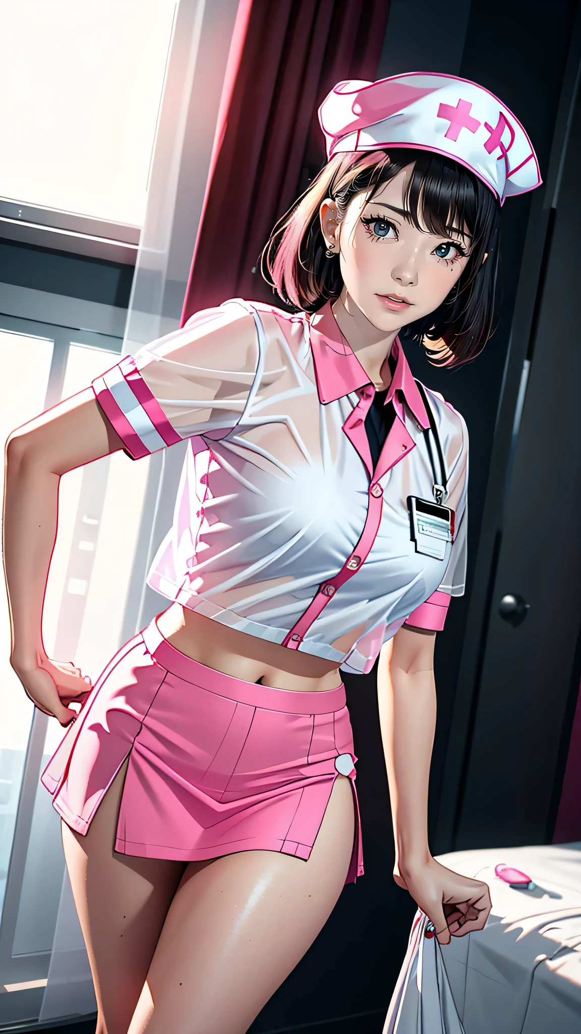 Realistic、8k,Bright lighting,Nurse cap,See-through tight mini skirt,The clothes are transparent nurse uniforms.{pink}I can see her red underwear&#39;I&#39;I&#39;I&#39;I&#39;I&#39;I&#39;I&#39;m wearing it underneath..,Putting on your shoes（red，Knee-high boots，enamel）Full body image of a woman,  Spread your legs, Long gloved arms{Red enamel material},big ass、It fits perfectly between her legs、Her I-thing only...、red underwear is visible,Body Type（Glamour）,Her ample breasts are K cup、Nurse front view&#39;The uniform is wide open.,An attractive nurse stands in the center of the room,Hot pink stockings secured with a lace garter belt,The room has white walls and light blue curtains.........,The lighting is bright、Let your attractive nurse shine.She puts one glove in her mouth;.,(8k, Ultra-high resolution, Highest quality, masterpiece:1.2), Ultra-realistic, (Realistic, photoRealistic:1.37), (Realistic skin:1.2), Very detailed, Canon EOS RP, 8k, Mexican Mature（30th generation）,Her lips are plump and glossy with pink lipstick., A radiant smile, Detailed face,   (((Super curvaceous,))) ((Very functional,)), smile,（Big Breasts:40），The left and right breasts are pushing against each other,The cut of the underwear is very high.，