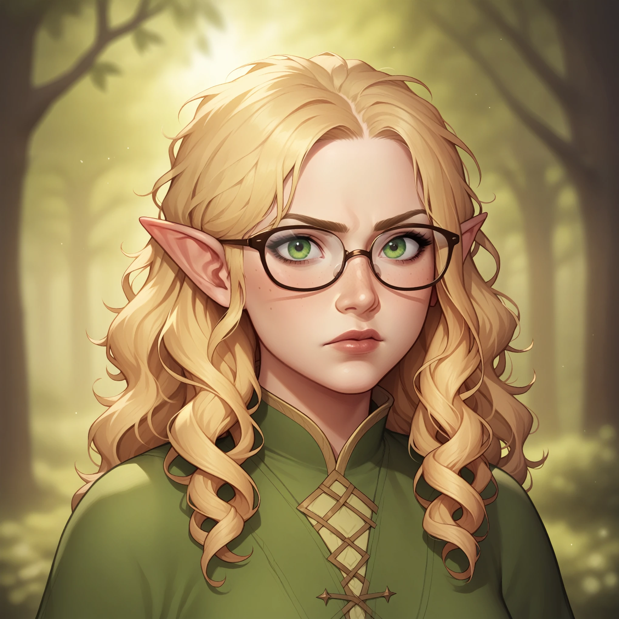 (((beautiful, high quality, comics style, detailed face))), score_9, score_8_up, score_7_up, BREAK, solo, nerdy, blonde hair, (young:1.4), cute nose, thin face, small boobs, (frizzy hair:1.4, messy hair, long hair:1.2), green eyes, petite, pale skin, pointy ears, wizard robes, baggy robes, glasses, (pouting expression:1.3), 1girl, female focus, solo, close up portrait, fantasy, tundra background, blurred background, (dynamic lighting:1.1) ((masterpiece)), easynegative