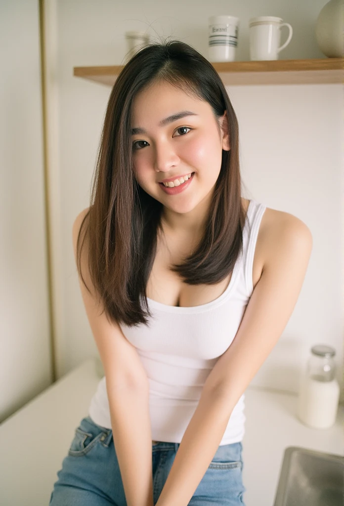 Soft, photography, portrait, film,Close-up, Thai girl in single tank top,Sitting on the edge of the kitchen counter ,smile,bright,Shoulder length hair