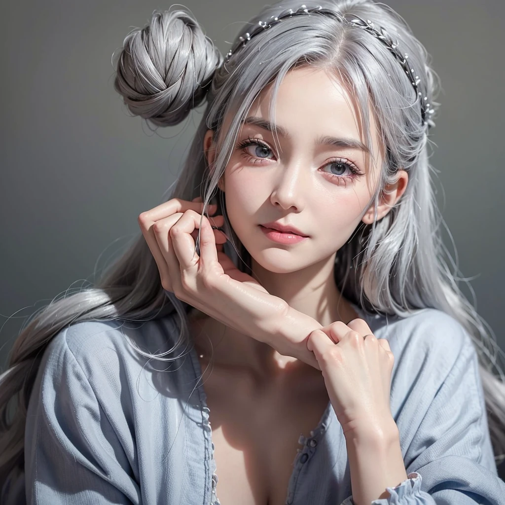Highest quality, masterpiece,Gray Hair, Golden Eyes,White clothes, look up, Upper Body,hair,Fair skin,Side braid