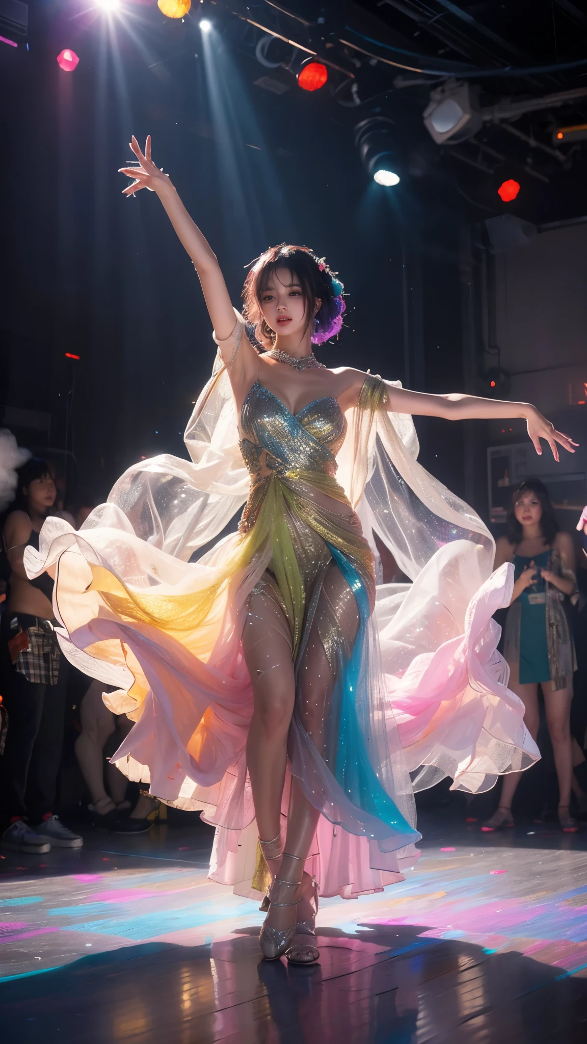 3 people、Sexy cute Japanese beauty、perform synchronized dance、Surreal and dreamlike environments。The scene captures their choreography with bird&#39;s-eye views and wide shots.、It&#39;s harmonious and smooth。The lighting is blue and purple、It enhances the dreamlike atmosphere of this scene.。