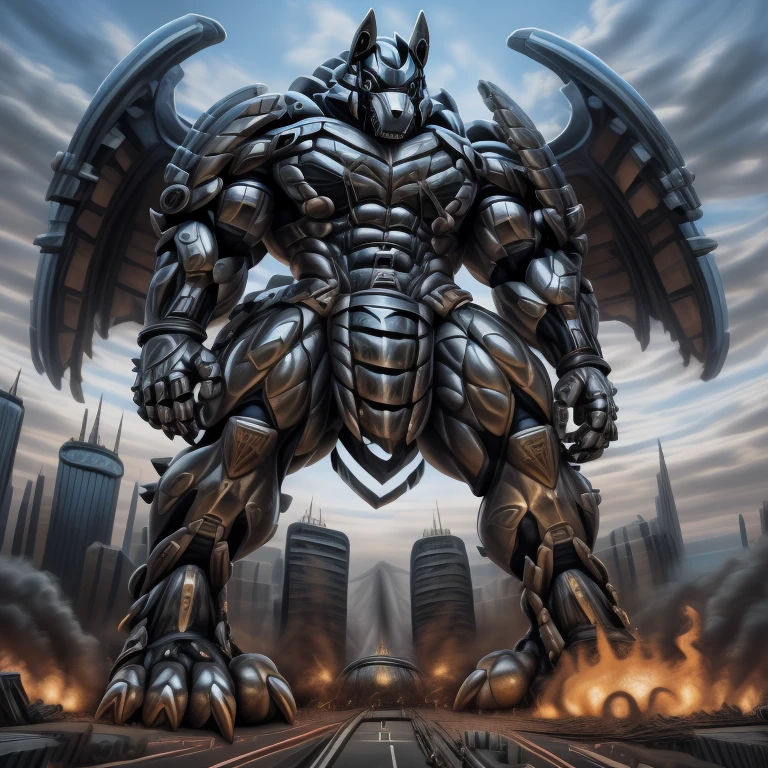 (masterpiece. official art. 8k. best quality. detailed full body. full body.)
(situation 1 : dominating mega lucario. focus GIANT mechanical Muscular mega lucario is trampling the CITY. macro. stomp. Low-angle perspective. emphasizing the immense size. The perspective is from below, emphasizing the sheer majesty and power of the Giant. giant art. He is much bigger than a skyscraper. Giga Giants. micro socceeld. looking down.)

(situation 2 :smoke and flames rising from the destruction in the city)

(Additional details 1: wearing a full-face helmet. helmet is jet black. The color of NANOSUIT is jet black. high-tech bio-mecha armor. real texture material. whole body shines like metal. Wearing cyberpunk mecha. emphasizes the muscles. suit fully made of metal. intricate armor. Robotic suit. suit fully made of metal. no face.). (mega lucario has 5 toes.) Wearing a Full Face Toxic Gas Mask. no blue.
An arrogant expression.
smile at the corner of your mouth.

(Additional details 2: (Detailed head. Detailed Body. Detailed abs. gigantic muscles. HYPER MUSCLES. Gigachad Muscular. big muscle. pecs. triceps. traps. unusually developed muscular body. body full of huge muscles. showing off muscles. pectorales enormes. Exaggeratedly huge muscles. huge muscles. long legs.).

(Additional details 3: nj5furry, Spread wings. It has wings. black have big wings. The claws are sharp. Sharp teeth.5 toes.).  Wearing a Full Face Toxic Gas Mask. 