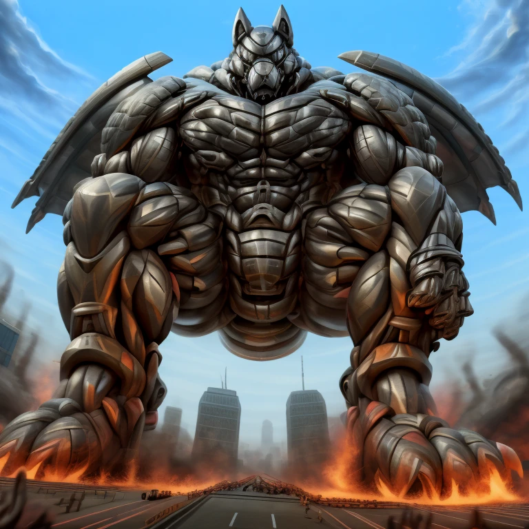 (masterpiece. official art. 8k. best quality. detailed full body. full body.)
(situation 1 : dominating mega lucario. focus GIANT mechanical Muscular mega lucario is trampling the CITY. macro. stomp. Low-angle perspective. emphasizing the immense size. The perspective is from below, emphasizing the sheer majesty and power of the Giant. giant art. He is much bigger than a skyscraper. Giga Giants. micro socceeld. looking down.)

(situation 2 :smoke and flames rising from the destruction in the city)

(Additional details 1: wearing a full-face helmet. helmet is jet black. The color of NANOSUIT is jet black. high-tech bio-mecha armor. real texture material. whole body shines like metal. Wearing cyberpunk mecha. emphasizes the muscles. suit fully made of metal. intricate armor. Robotic suit. suit fully made of metal. no face.). (mega lucario has 5 toes.) Wearing a Full Face Toxic Gas Mask. no blue.
An arrogant expression.
smile at the corner of your mouth.

(Additional details 2: (Detailed head. Detailed Body. Detailed abs. gigantic muscles. HYPER MUSCLES. Gigachad Muscular. big muscle. pecs. triceps. traps. unusually developed muscular body. body full of huge muscles. showing off muscles. pectorales enormes. Exaggeratedly huge muscles. huge muscles. long legs.).

(Additional details 3: nj5furry, Spread wings. It has wings. black have big wings. The claws are sharp. Sharp teeth.5 toes.).  Wearing a Full Face Toxic Gas Mask. 