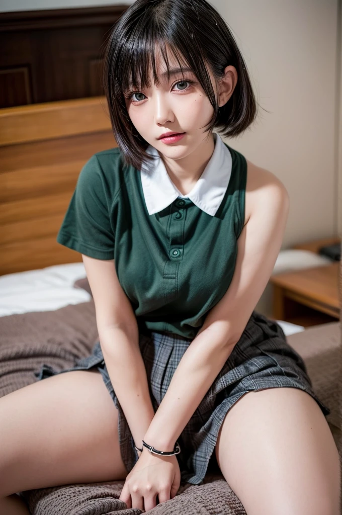 masterpiece,best quality, yo ,Japanese girl ,natural lips, bob hair, (black blouse),(tartan check skirt), ((skirt lift)),(White panty),((Sleep with your eyes closed)), ((Spread legs)), lying on bed, ((from side)), hip focus,