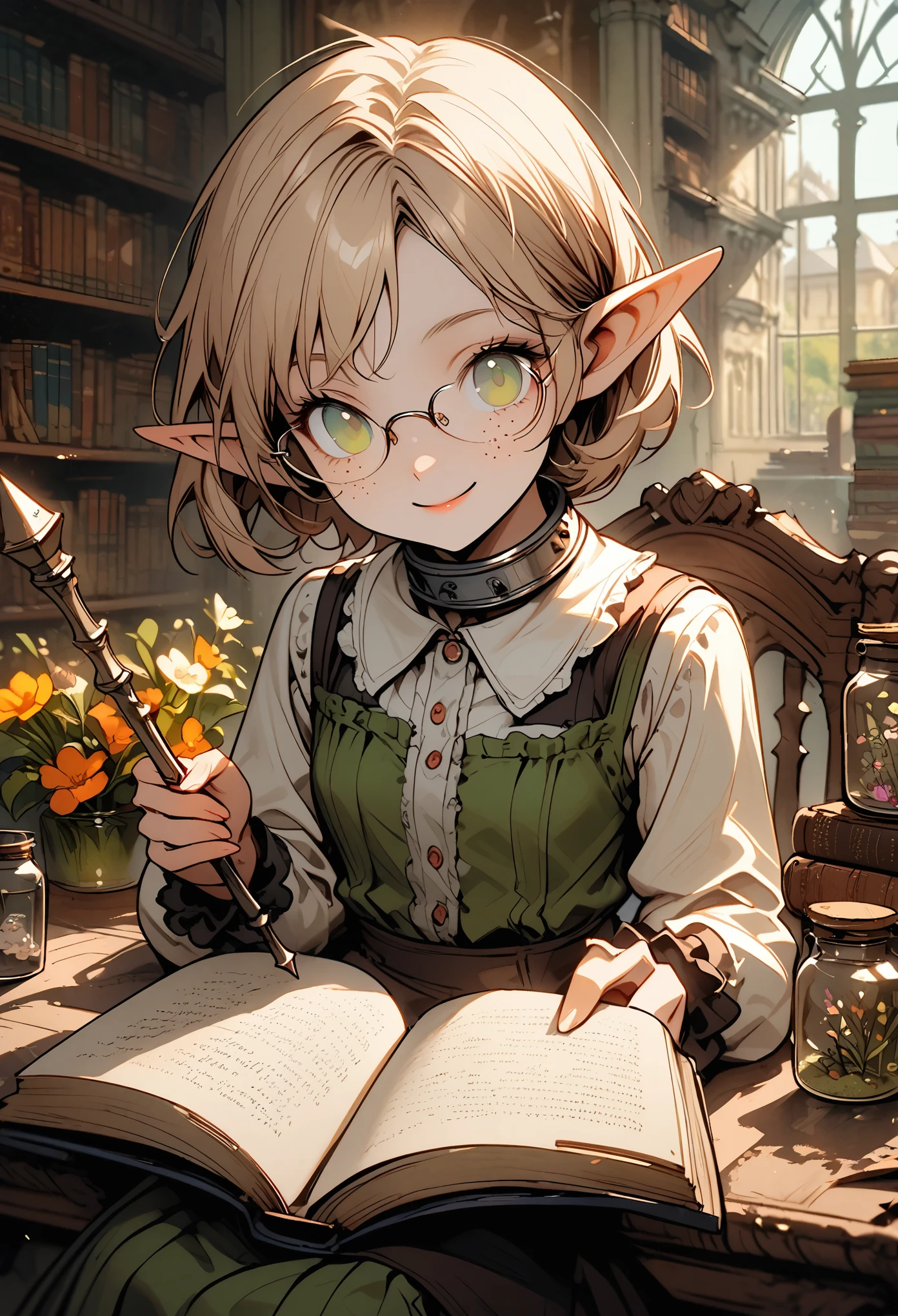 solo, close up, female, elf girl, very short hair, green eyes, light brown hair, thin, freckles, glasses, svelte, small breasts, servant clothes, iron collar, large book, victorian era, sitting, long pointed ears, shy smile, mansion, day, bright, flowers in jar, library, piled books, looking up at viewer, patting head, pov