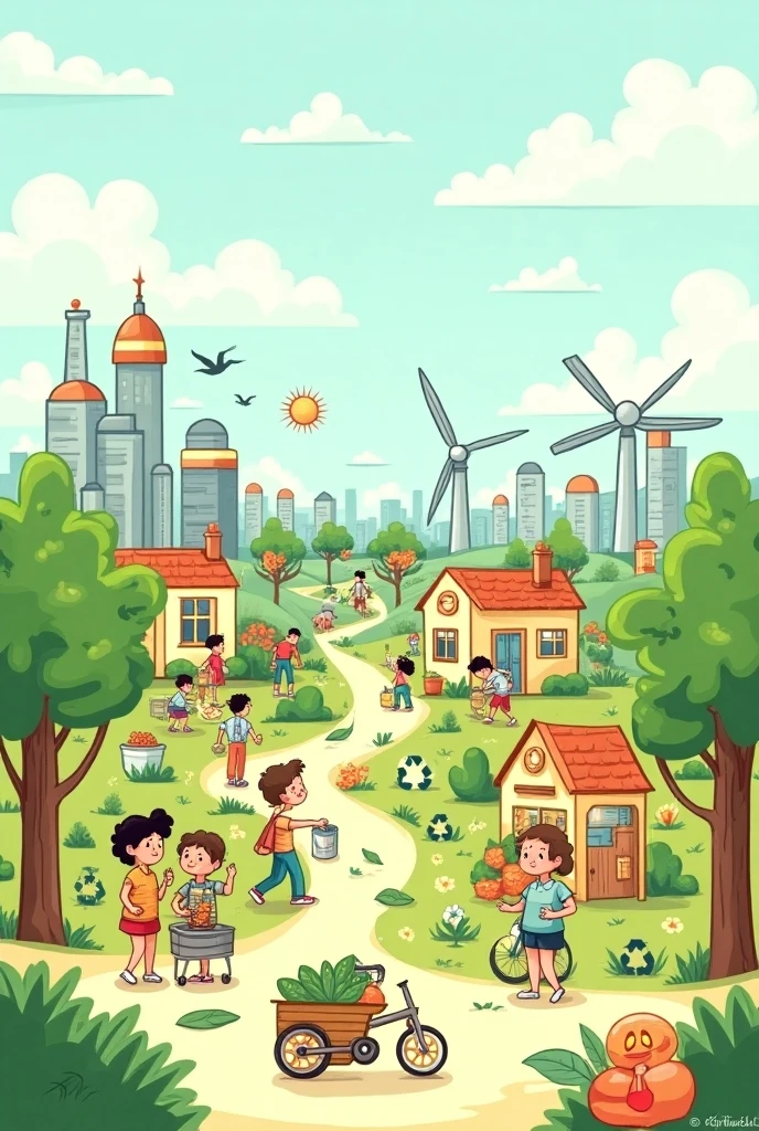 Make a landscape art on the topic " future we want clean and green" make it like one child have make . Add people planting plants house's