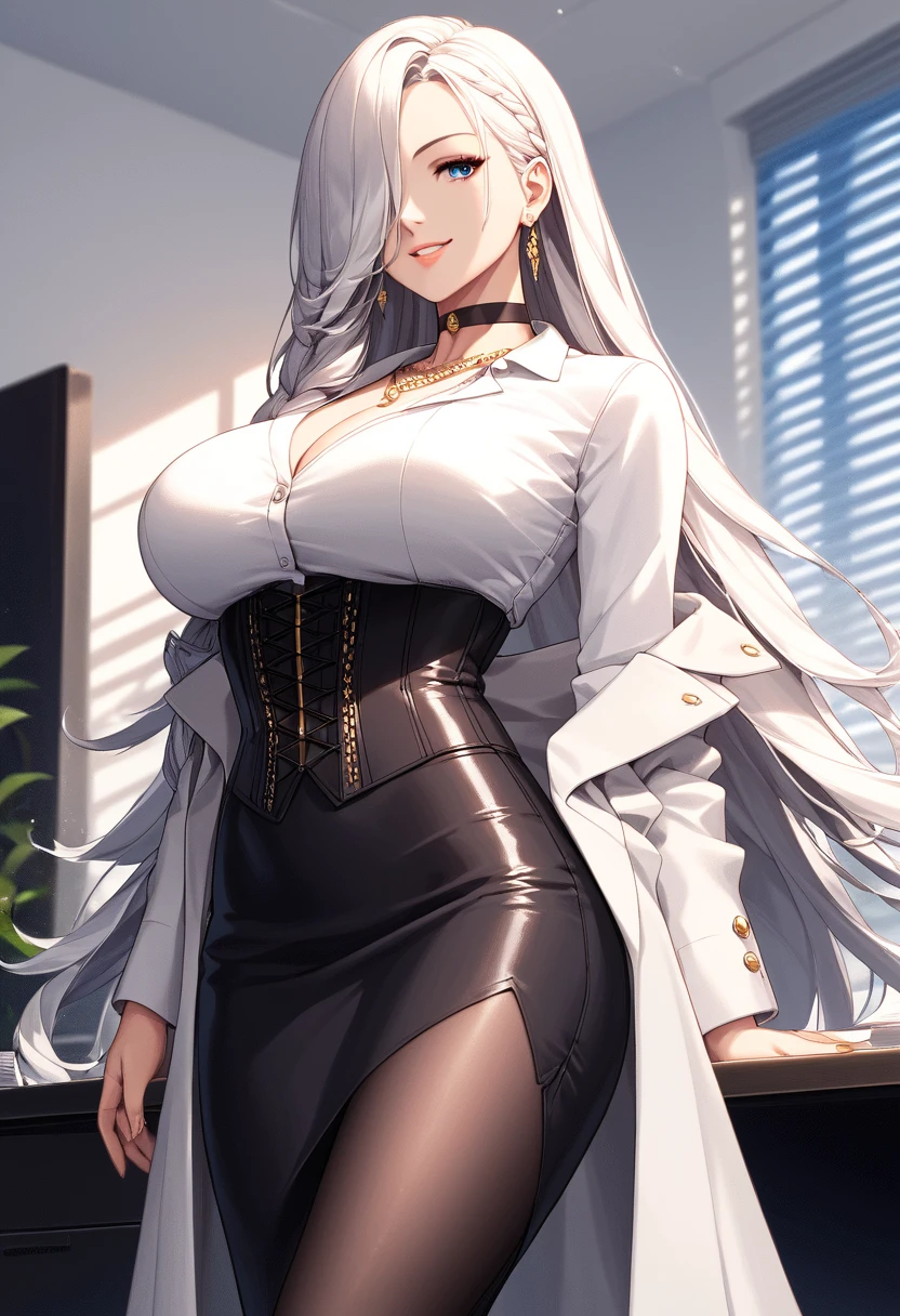 Silver Hair、((((Huge Breasts))))、Long Hair、Contemptuous gaze、tall、Black office suit、Brown Skin、milf、Raised eyebrows