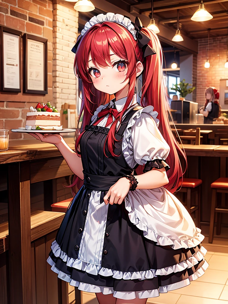 Promotional photo, the place is a coffee shop, 1 girl, 16-year-old face, waitress carrying cake to the table, red-haired twin tails, gentle face, half costume of gothic ****ta and maid costume with the image of strawberries, clothes based on white,