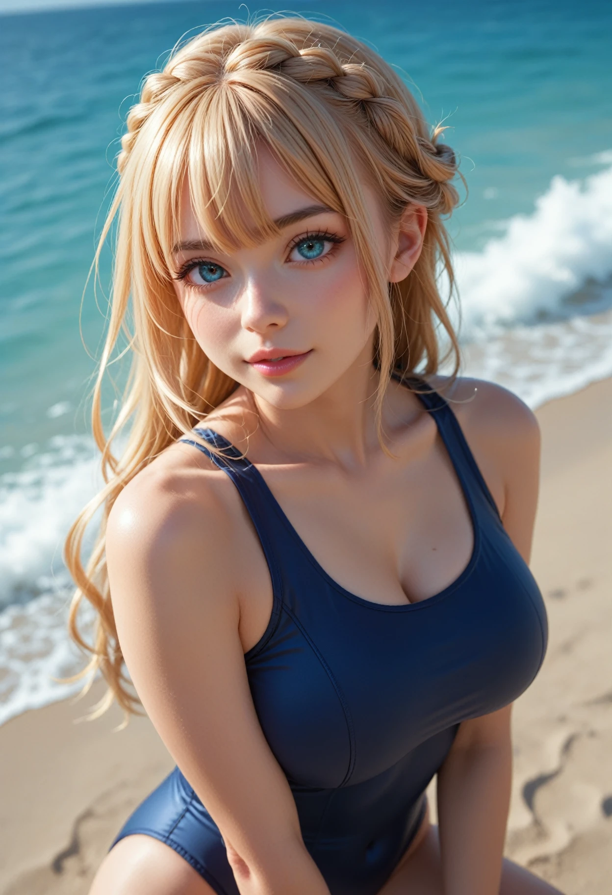 Sexy big 、Sexy cute looks and cute  beautiful girl, Beautiful and sexy face、A strong wind blows my hair in front of my face、Beautiful long blonde French braided hair、Beautiful, cute and sexy eyes hidden by long bangs、Swimsuit、Milk transparency、School Swimsuit、Big ample breasts:1.5, Perfect Anatomy、Four fingers and a thumb、Seaside Background