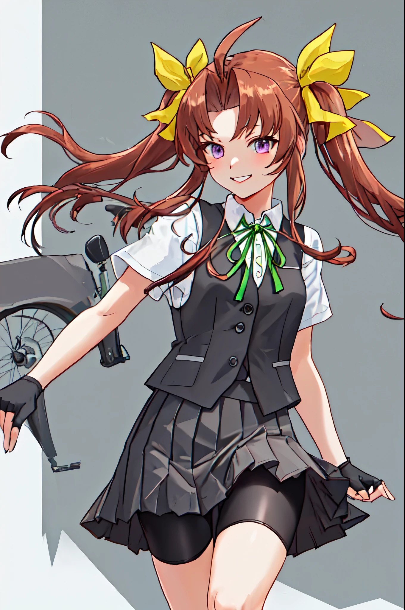  best quality, masterpiece,  High Resolution , Alone, {Kagerou _ fleet this is:1.15}, brown_hair,  twin tails, ribbon, length_hair, hair_ribbon, Ahoge, purple_eye, green_ribbon, vest, neck_ribbon, smile, white_ribbon, yellow_ribbon,  1 girl, bicycle_shorts, black_gloves, black_vest, cowboy_shot, Fingerless_gloves, gloves, looking_in_Viewers, pleined_skirt, School_uniform, shirt, short_sleeves, skirt, white_shirt, dress_shirt, gray_vest, shorts, shorts_Down_skirt, Simple_background, gray_skirt, (white_background), black_skirt