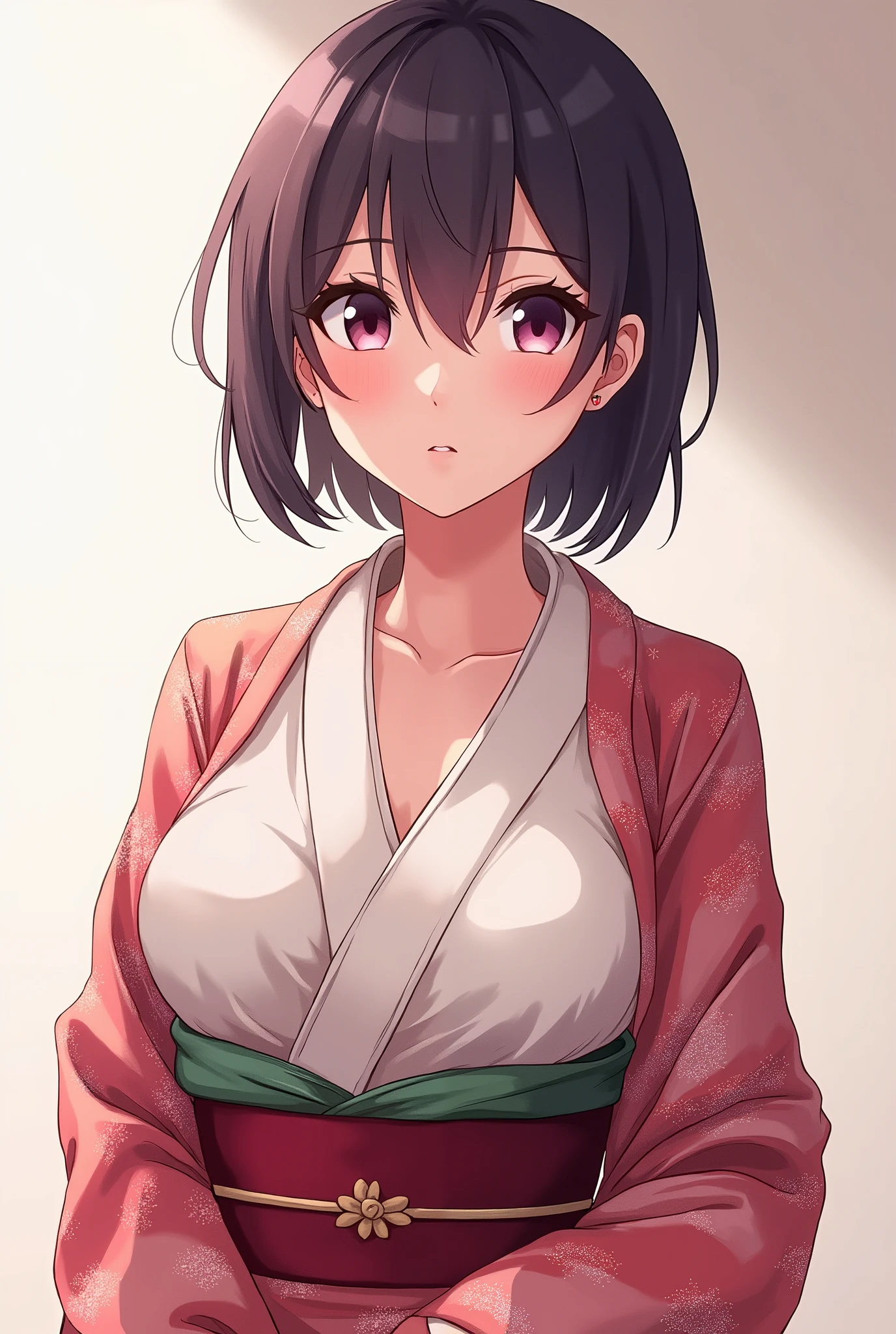 1girl, from_side, grey_hair, hair_ornament, hood, japanese_clothes, kimono, long_sleeves, looking_at_viewer, short_hair, solo,tassel, white_kimono, wide_sleeves, ((temple)), ((detailed background)) <lora:Hyji:0.7>