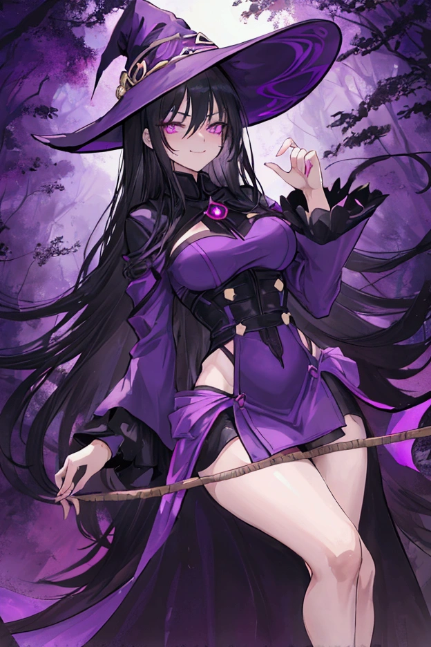 Anime girl. Long purple hair and wearing a black robe. Pointy ears. Witch hat. Cute cartoon. Illustration, alone. Looking back. Full body. About high school age. Smiling.
