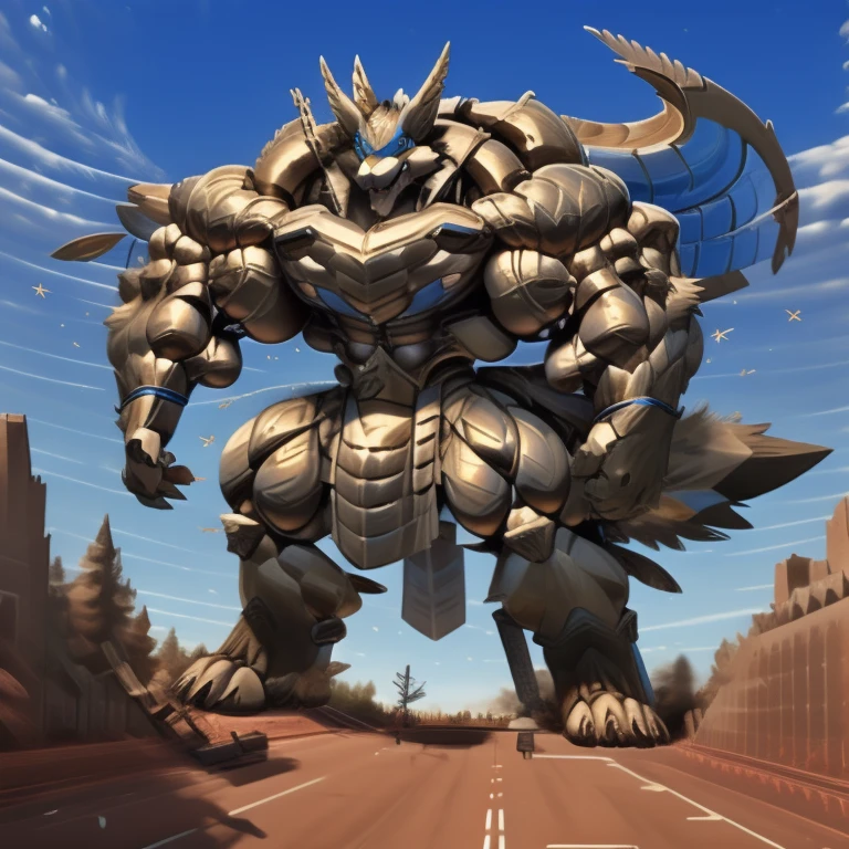 (masterpiece. official art. 8k. best quality. detailed full body. full body.)
- The as big as a building Exoskeleton mega Lucario in the small street
- Exoskeleton mega Lucario
- massive:3.0,Big Muscle:1.1(heavyweight,strong,macro,Emphasize huge size, Stepping on the ruins), background((the collapse building,raising little spoke,the little sparks,the rift in the road)),high angle perspective.
- dominating mega Lucario. focus Colossus mechanical Muscular mega Lucario is trampling the CITY. macro. stomp. Low-angle perspective. emphasizing the immense size. The perspective is from below, emphasizing the sheer majesty and power of the Colossus. Colossus art. He is much bigger than a skyscraper. Giga Colossuss. micro soccer field. looking down.
- Spread wings. It has wings. black have big wings. The claws are sharp. Sharp teeth.5 toes.