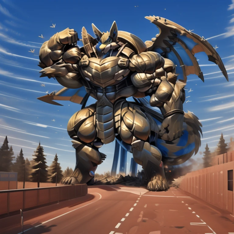 (masterpiece. official art. 8k. best quality. detailed full body. full body.)
- The as big as a building Exoskeleton mega Lucario in the small street
- Exoskeleton mega Lucario
- massive:3.0,Big Muscle:1.1(heavyweight,strong,macro,Emphasize huge size, Stepping on the ruins), background((the collapse building,raising little spoke,the little sparks,the rift in the road)),high angle perspective.
- dominating mega Lucario. focus Colossus mechanical Muscular mega Lucario is trampling the CITY. macro. stomp. Low-angle perspective. emphasizing the immense size. The perspective is from below, emphasizing the sheer majesty and power of the Colossus. Colossus art. He is much bigger than a skyscraper. Giga Colossuss. micro soccer field. looking down.
- Spread wings. It has wings. black have big wings. The claws are sharp. Sharp teeth.5 toes.