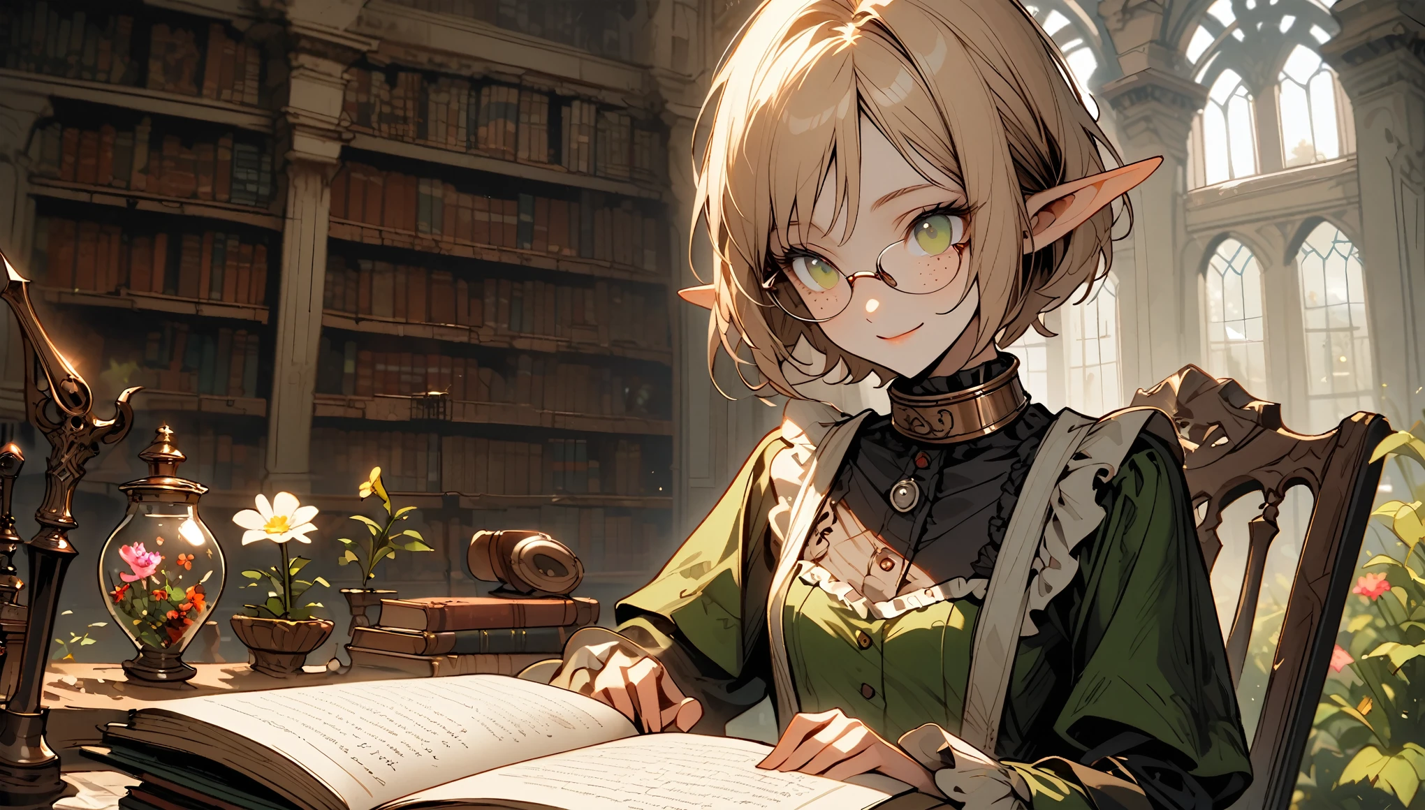 solo, close up, female, elf girl, very short hair, green eyes, light brown hair, thin, freckles, glasses, svelte, small breasts, servant clothes, iron collar, large book, victorian era, sitting, long pointed ears, shy smile, mansion, day, bright, flowers in jar, library, piled books, looking up at viewer, patting head, pov