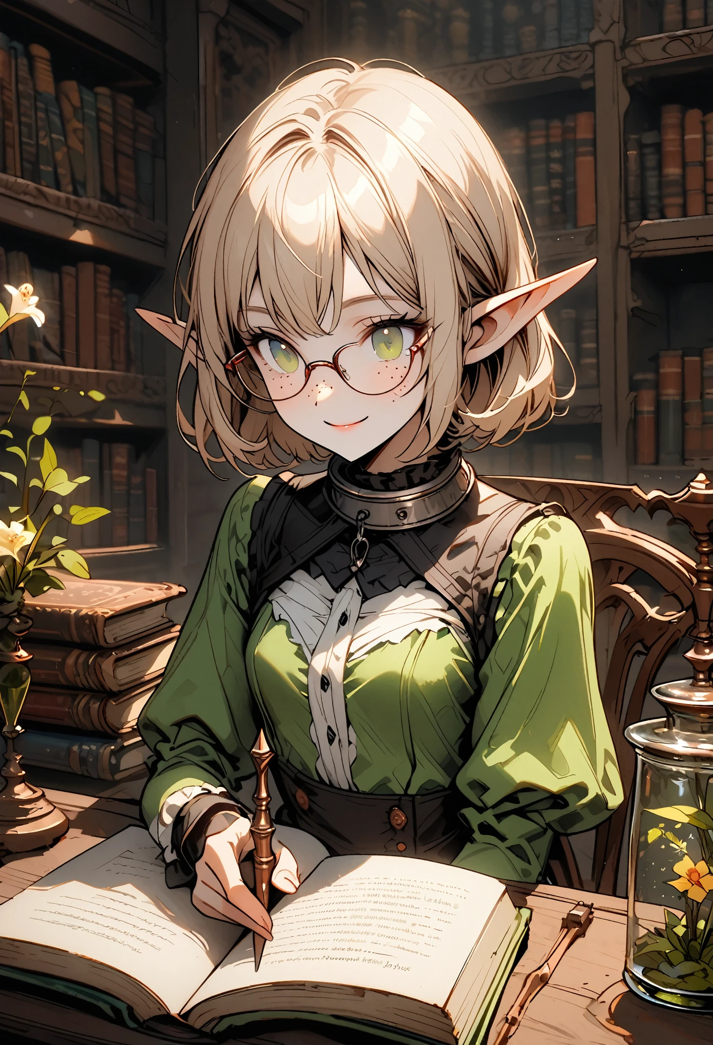 solo, close up, female, elf girl, very short hair, green eyes, light brown hair, thin, freckles, glasses, svelte, small breasts, servant clothes, iron collar, large book, victorian era, sitting, long pointed ears, shy smile, mansion, day, bright, flowers in jar, library, piled books, looking up at viewer, patting head, pov