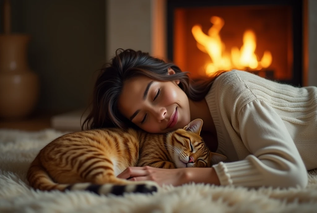 A woman lying on the floor cuddling a sleeping tiger cat, the cat's fur fluffed up to keep warm, the woman nuzzling her face into the cat's belly and inhaling its scent, a cozy fireplace in the background, highly detailed and realistic depiction of the cat's intricate fur texture, 8k resolution, photorealistic, best quality, complex fur texture, realistic lighting, soft warm colors