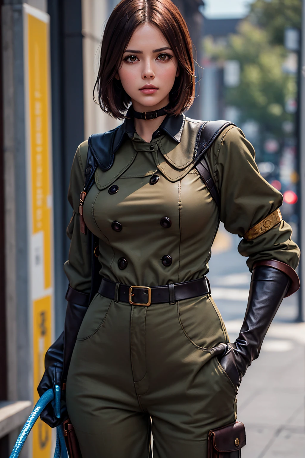 (Best image quality, highest quality, Highest Resolution, Ultra Realistic Images, Very detailed, masterpiece, 8k), One Woman, Brown medium hair, Khaki military uniform, Leather gloves, ((With a blue whip)), big Breasts, blush, serious look, half body, perfect face, perfect body, pants