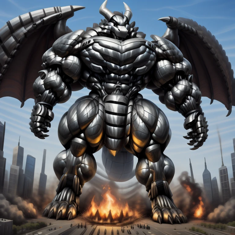 (masterpiece. official art. 8k. best quality. detailed full body. full body.)
(situation 1 : dominating demon lord dragon batzz. focus GIANT mechanical Muscular demon lord dragon batzz is trampling the CITY. macro. stomp. Low-angle perspective. emphasizing the immense size. The perspective is from below, emphasizing the sheer majesty and power of the Giant. giant art. He is much bigger than a skyscraper. Giga Giants. micro socceeld. looking down.)

(situation 2 :smoke and flames rising from the destruction in the city)

(Additional details 1: wearing a full-face helmet. helmet is jet black. The color of NANOSUIT is jet black. high-tech bio-mecha armor. real texture material. whole body shines like metal. Wearing cyberpunk mecha. emphasizes the muscles. suit fully made of metal. intricate armor. Robotic suit. suit fully made of metal. no face.). (demon lord dragon batzz has 5 toes.) Wearing a Full Face Toxic Gas Mask. no blue.
An arrogant expression.
smile at the corner of your mouth.

(Additional details 2: (Detailed head. Detailed Body. Detailed abs. gigantic muscles. HYPER MUSCLES. Gigachad Muscular. big muscle. pecs. triceps. traps. unusually developed muscular body. body full of huge muscles. showing off muscles. pectorales enormes. Exaggeratedly huge muscles. huge muscles. long legs.).

(Additional details 3: nj5furry, Spread wings. It has wings. black have big wings. The claws are sharp. Sharp teeth.5 toes.).  Wearing a Full Face Toxic Gas Mask. 